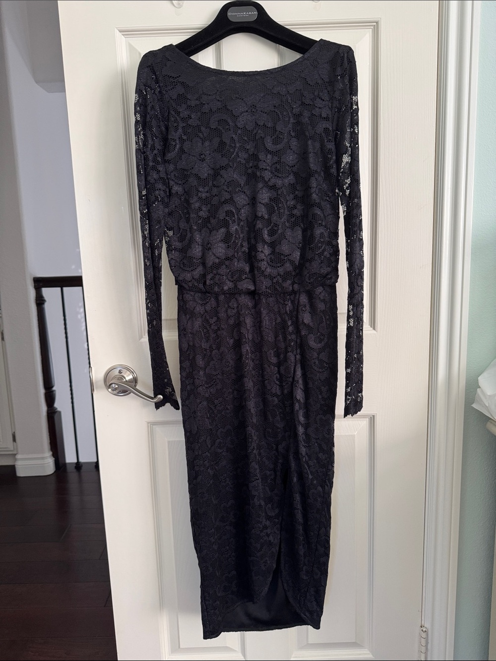 Black Lace Long-Sleeve Midi Dress with Dropped Back
